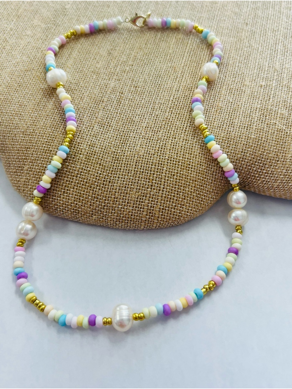 Hand Crafted Pastel Bead & Pearl Necklace with Gold Accents
